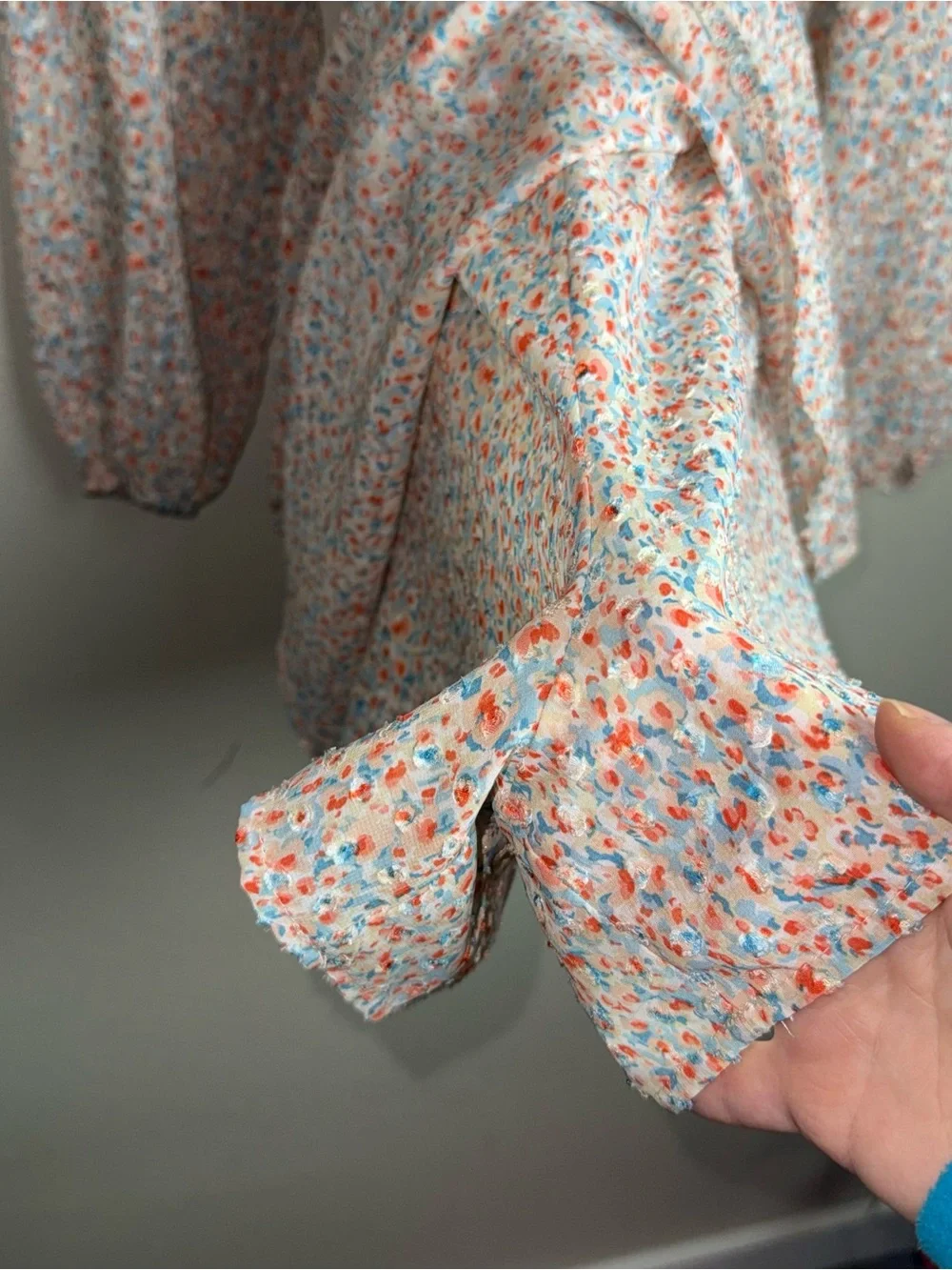 Nasty Gal Cream Floral V-Neck Long Sleeve Romper with Coral and Blue Accents - Picture 3 of 8